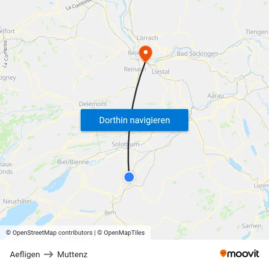 Aefligen to Muttenz map