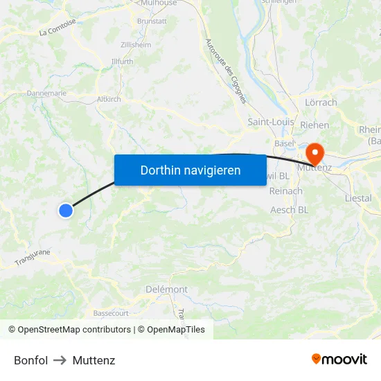 Bonfol to Muttenz map