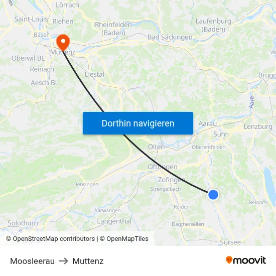 Moosleerau to Muttenz map