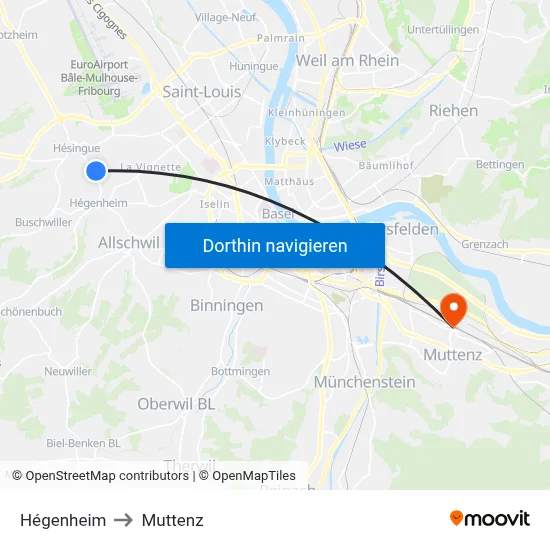 Hégenheim to Muttenz map