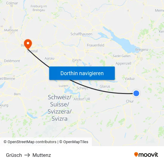 Grüsch to Muttenz map