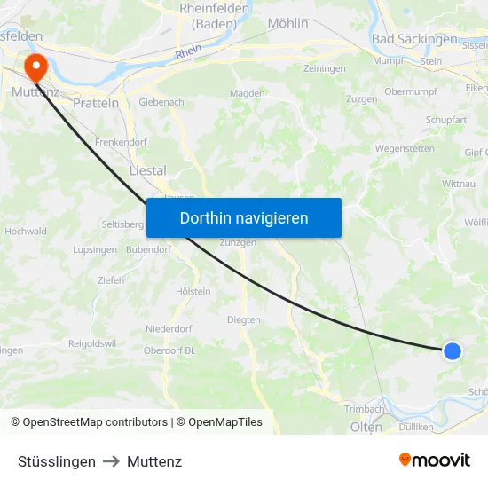 Stüsslingen to Muttenz map