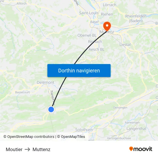 Moutier to Muttenz map