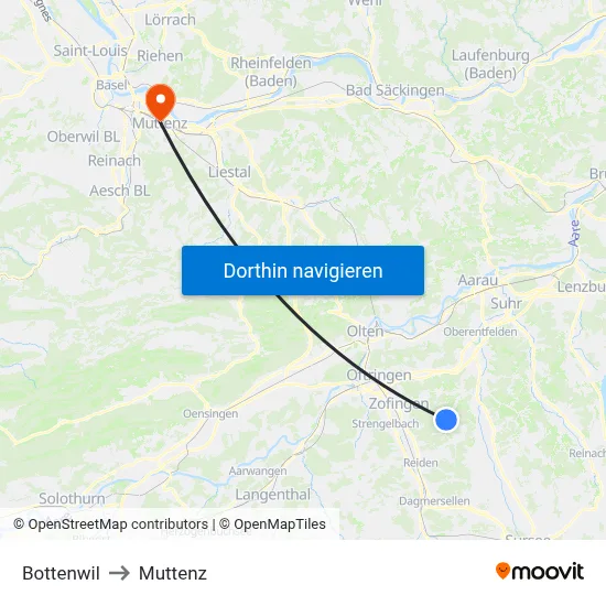 Bottenwil to Muttenz map