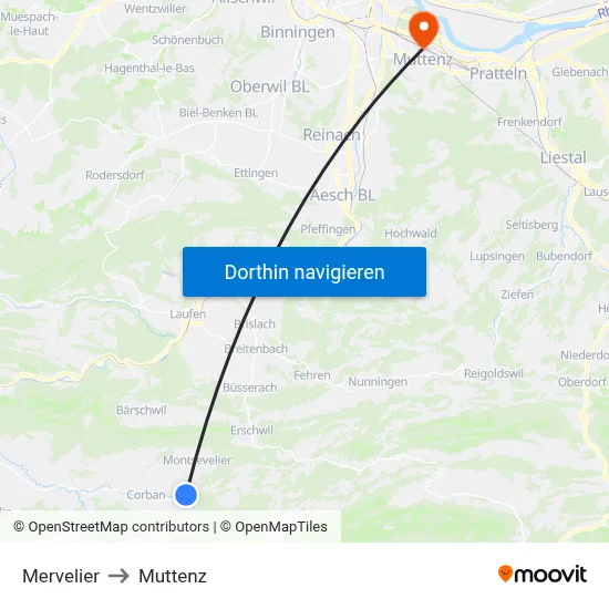 Mervelier to Muttenz map
