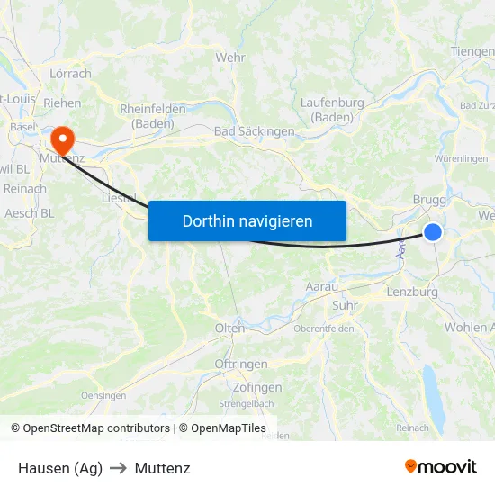Hausen (Ag) to Muttenz map