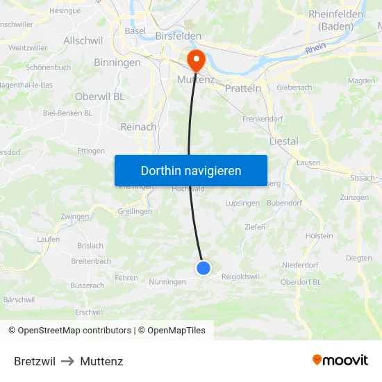 Bretzwil to Muttenz map
