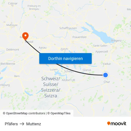 Pfäfers to Muttenz map