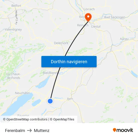 Ferenbalm to Muttenz map