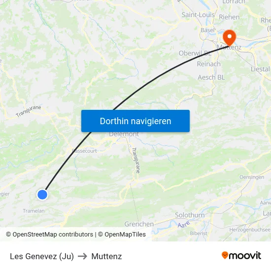 Les Genevez (Ju) to Muttenz map