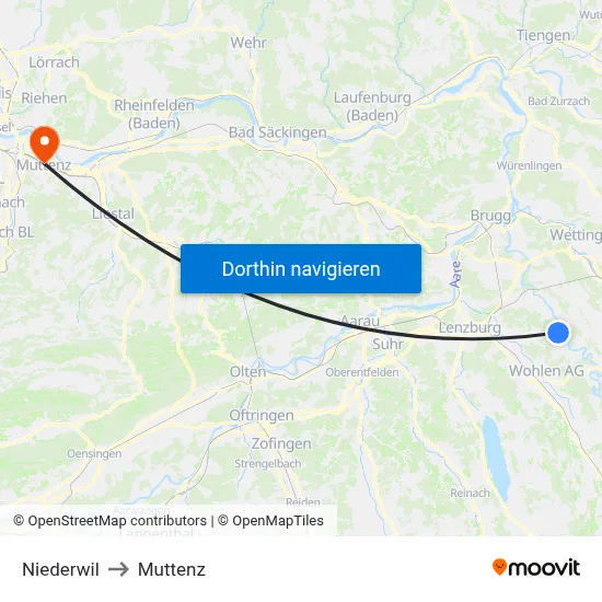 Niederwil to Muttenz map