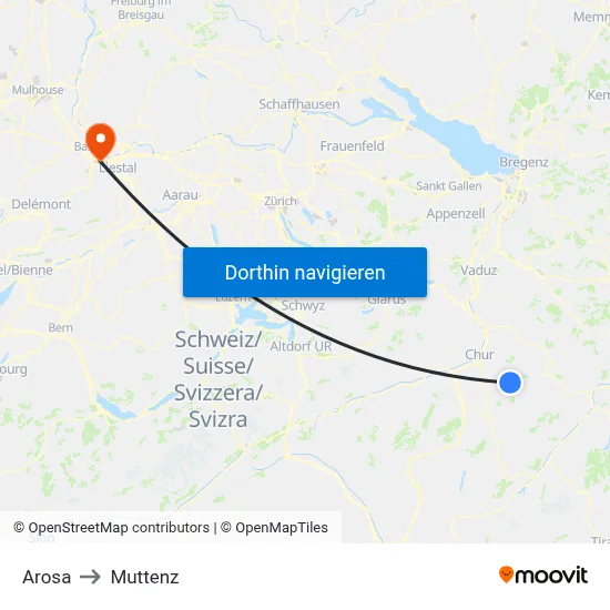 Arosa to Muttenz map