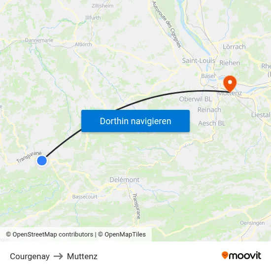 Courgenay to Muttenz map