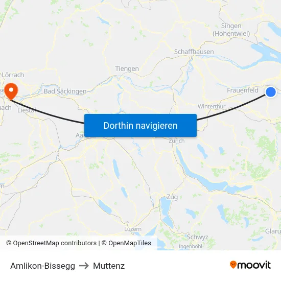Amlikon-Bissegg to Muttenz map
