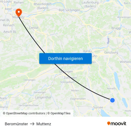 Beromünster to Muttenz map