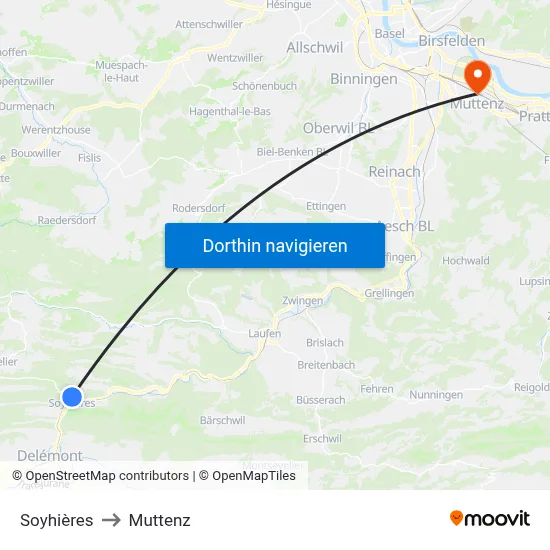 Soyhières to Muttenz map