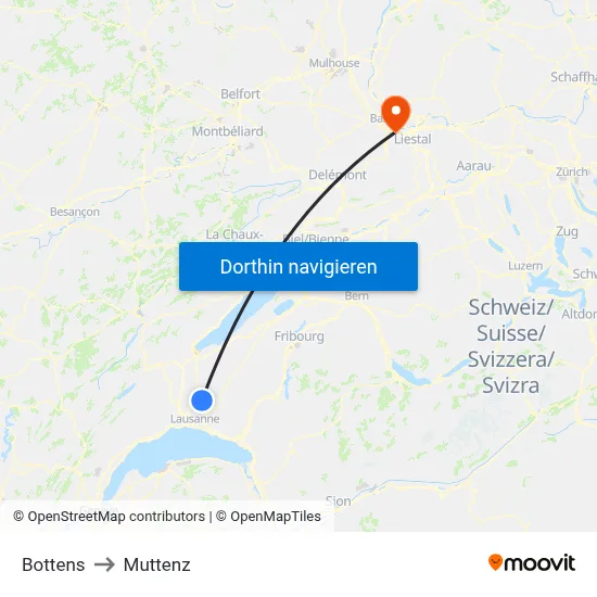 Bottens to Muttenz map