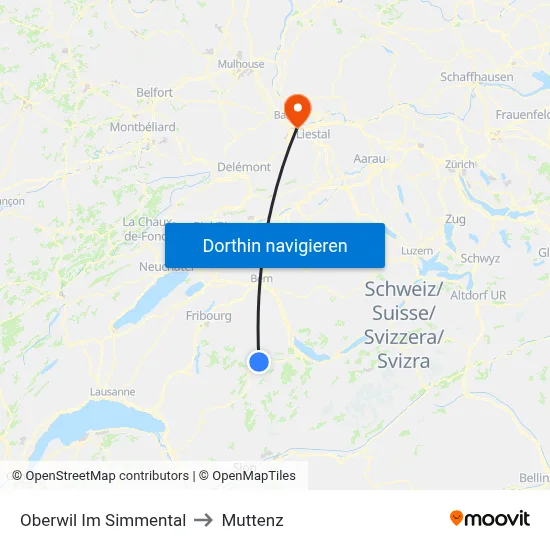 Oberwil Im Simmental to Muttenz map