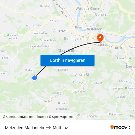 Metzerlen-Mariastein to Muttenz map