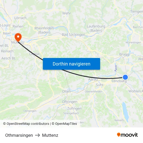 Othmarsingen to Muttenz map