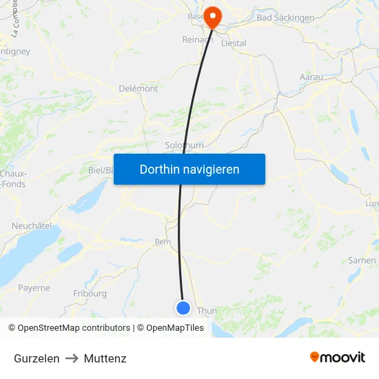 Gurzelen to Muttenz map