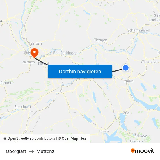 Oberglatt to Muttenz map