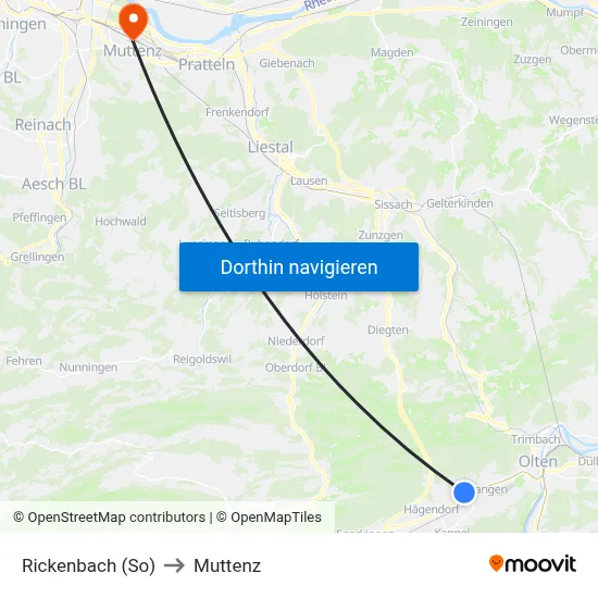 Rickenbach (So) to Muttenz map