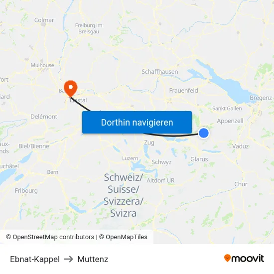 Ebnat-Kappel to Muttenz map