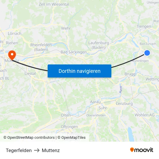 Tegerfelden to Muttenz map