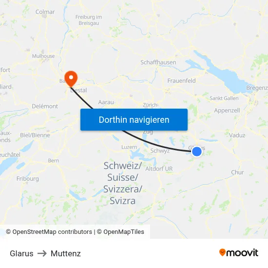 Glarus to Muttenz map