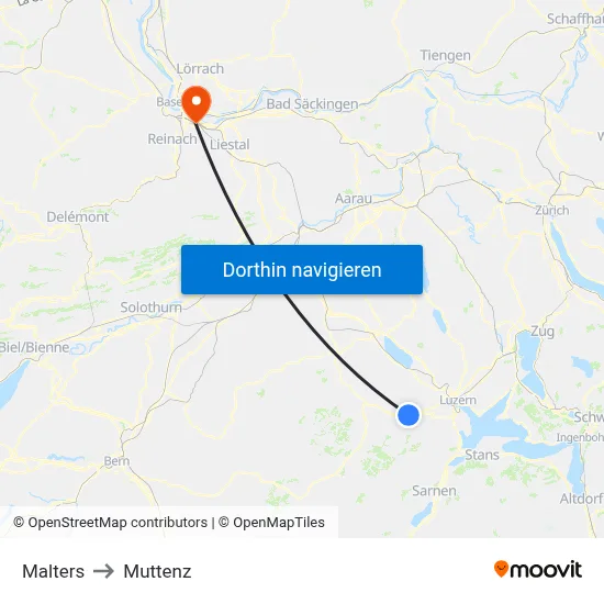 Malters to Muttenz map