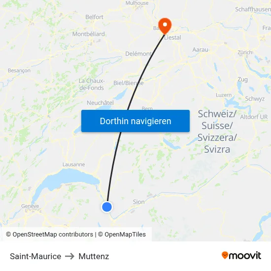 Saint-Maurice to Muttenz map