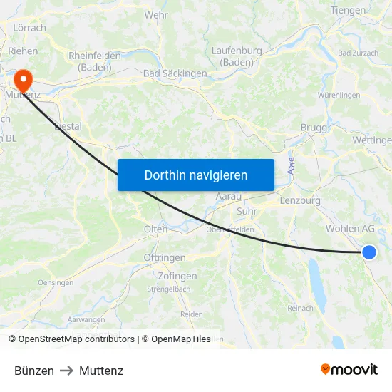 Bünzen to Muttenz map