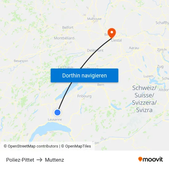 Poliez-Pittet to Muttenz map