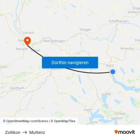 Zollikon to Muttenz map