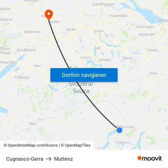 Cugnasco-Gerra to Muttenz map