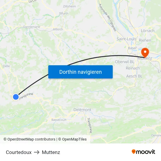 Courtedoux to Muttenz map
