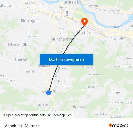 Aesch to Muttenz map