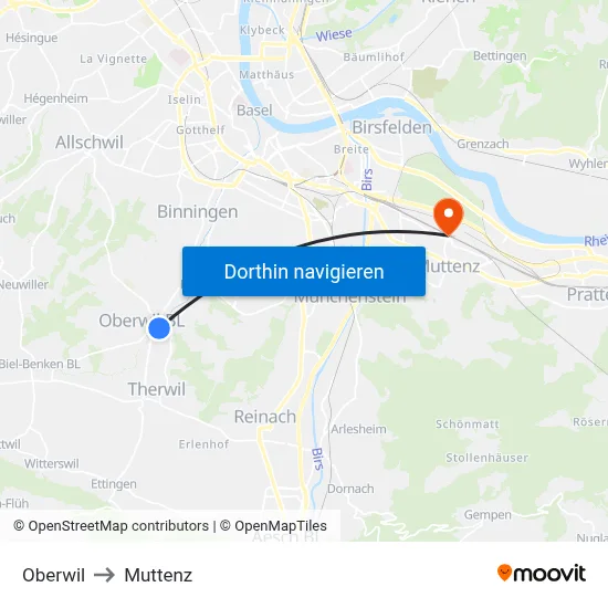 Oberwil to Muttenz map