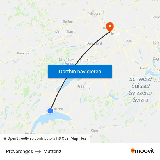 Préverenges to Muttenz map
