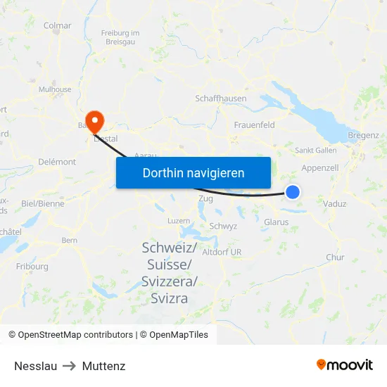 Nesslau to Muttenz map