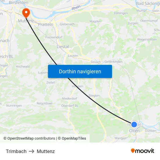 Trimbach to Muttenz map