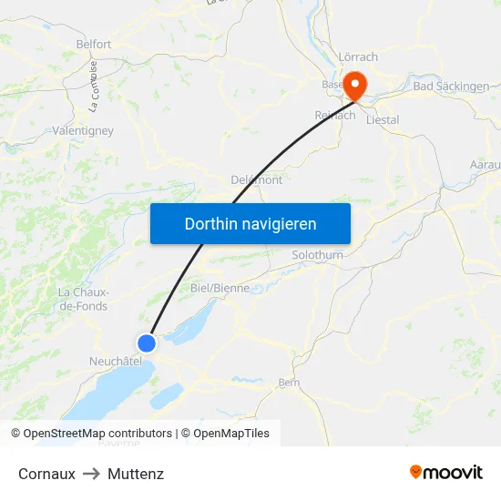 Cornaux to Muttenz map