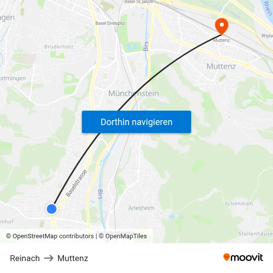 Reinach to Muttenz map