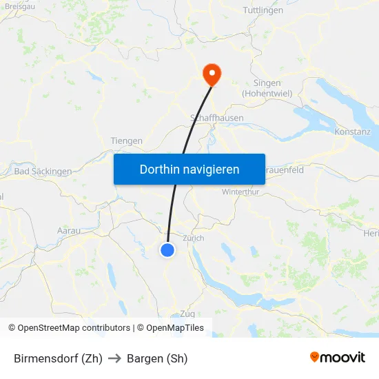 Birmensdorf (Zh) to Bargen (Sh) map