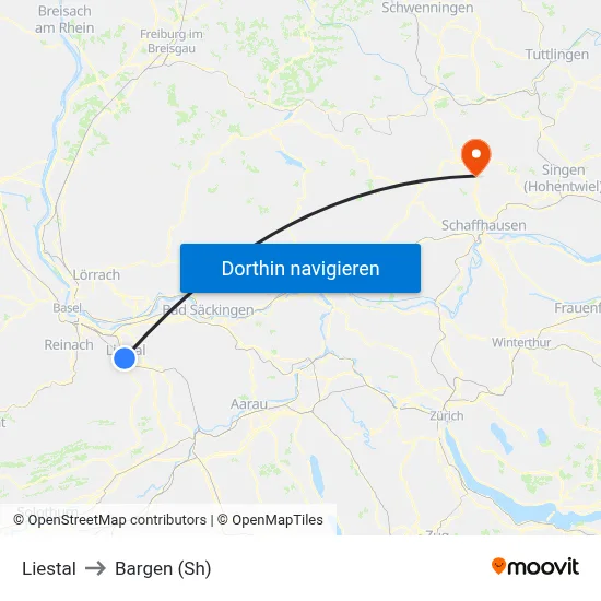 Liestal to Bargen (Sh) map