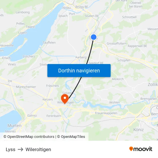 Lyss to Wileroltigen map