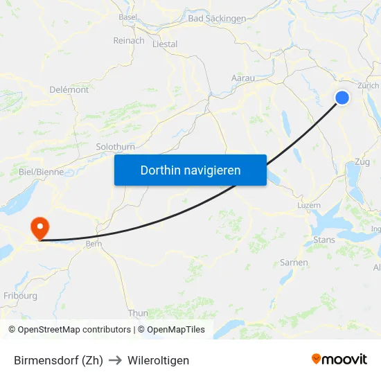 Birmensdorf (Zh) to Wileroltigen map
