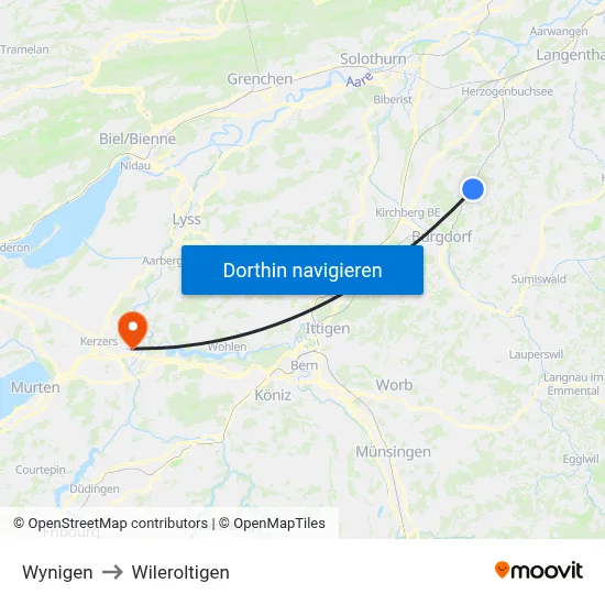 Wynigen to Wileroltigen map