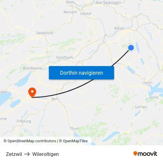 Zetzwil to Wileroltigen map